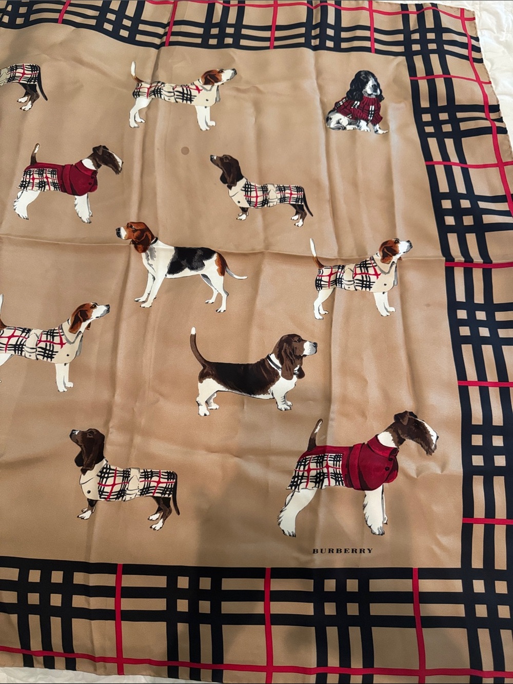 Burberry Beige Plaid Dog Motif Scarf with Red and Black Accents